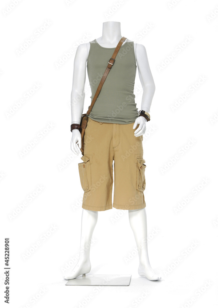 full length clothes on male mannequin with bag