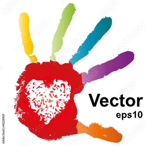 Vector conceptual colorful human red hand print with a heart