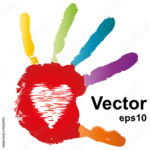 Vector conceptual colorful human red hand print with a heart