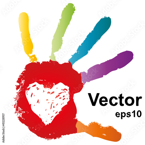 Vector conceptual colorful human red hand print with a heart