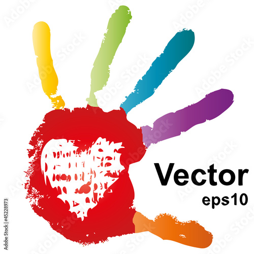 Vector conceptual colorful human red hand print with a heart