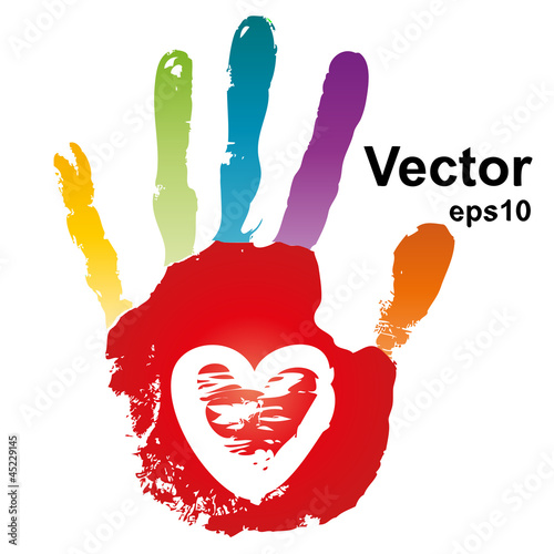 Vector conceptual colorful human red hand print with a heart