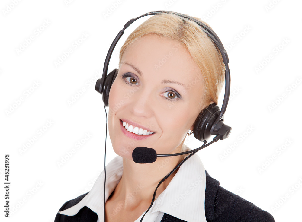 Cheerful call center operator against white background Cheerful call center operator against white background