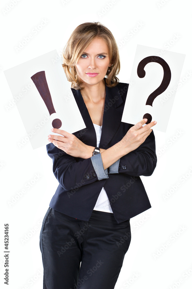 portrait businesswoman with question and exclamation mark portrait businesswoman with question and exclamation mark
