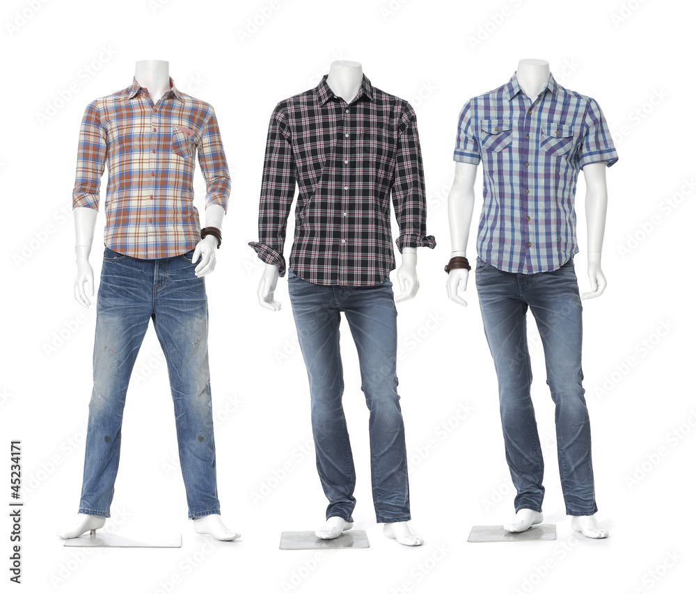 three male mannequin dressed in jeans with striped shirt three male mannequin dressed in jeans with striped shirt