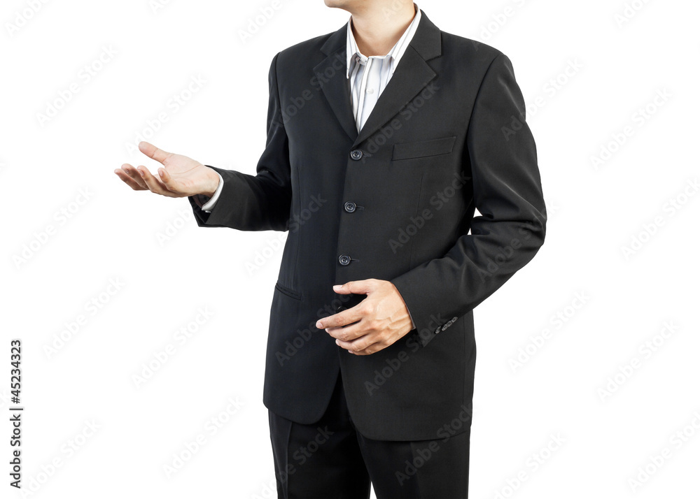business man standing and presents on white background business man standing and presents on white background