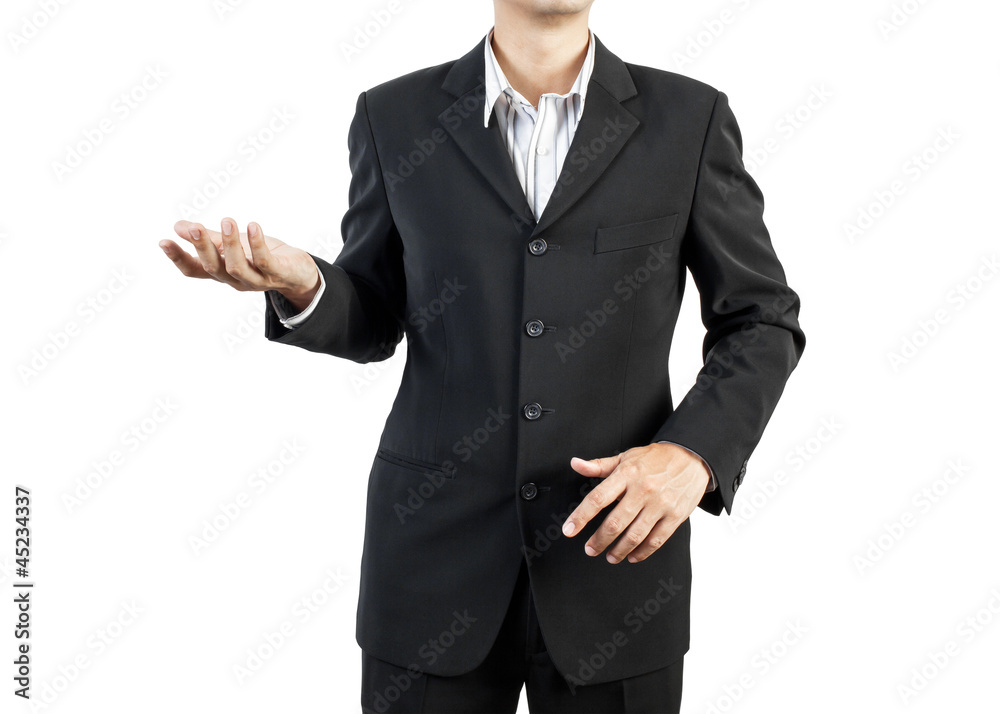 business man standing and presents on white background business man standing and presents on white background