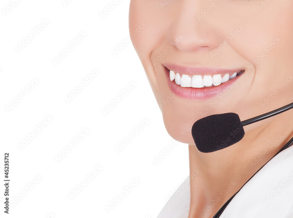 Cheerful call center operator against white background Cheerful call center operator against white background