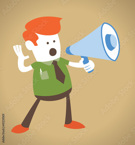 Retro Corporate Guy holding a megaphone.