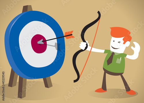Retro Corporate Guy hitting the target with his bow and arrow.