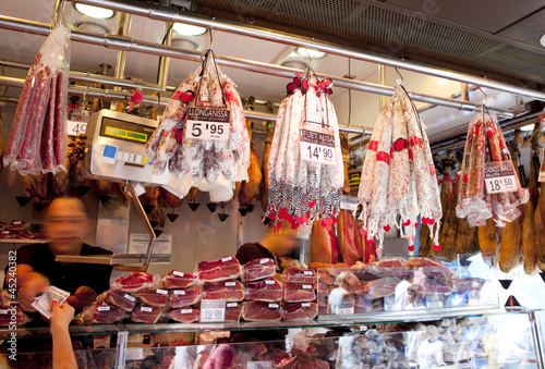 Jamon and sausage, La Boqueria, market Barcelona