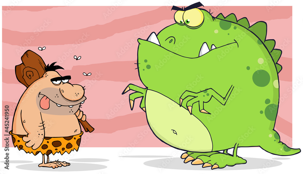 Obraz premium Caveman And Angry Dinosaur