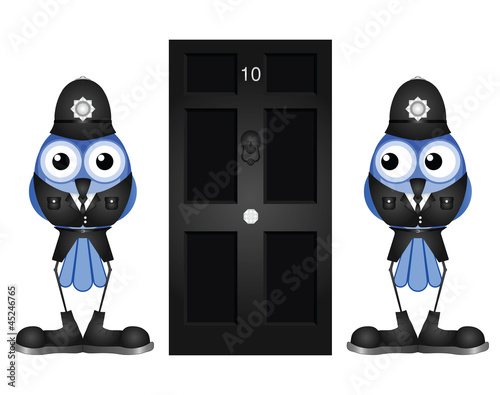Comical policemen guarding a black door