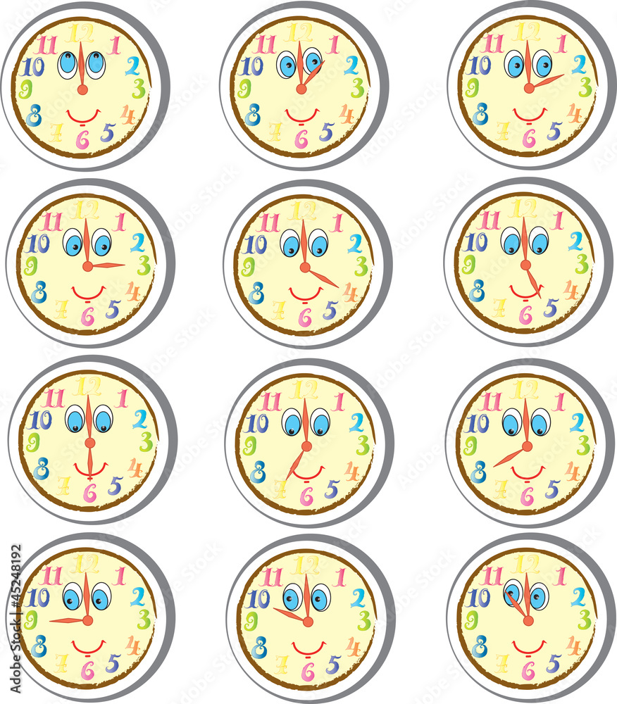 Funny cartoon alarm clocks stickers showing time Funny cartoon alarm clocks stickers showing time
