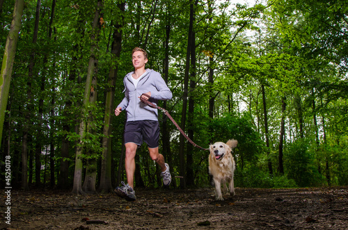 jogger führt seinen hund an der leine