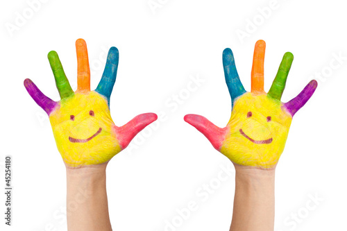 two hands with smile painted different colors of child as logo
