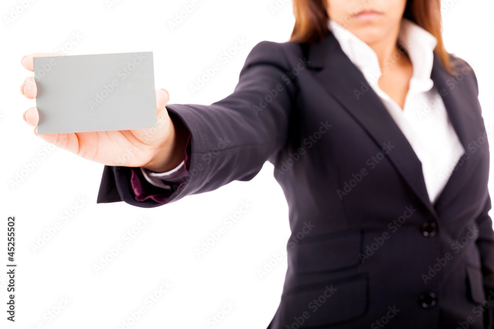 Businesswoman showing and handing a business card, isolated on w Businesswoman showing and handing a business card, isolated on w