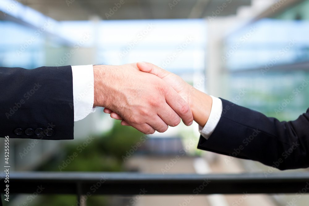 Man and woman shaking hands in office environment