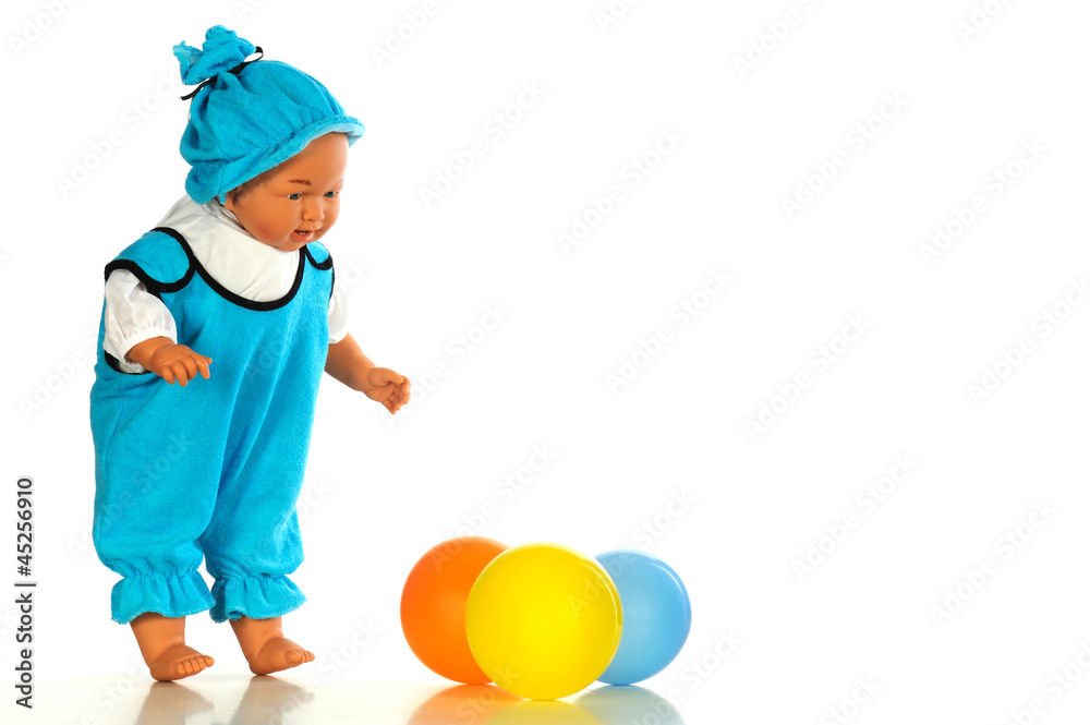 Baby doll with color ballons isolated white bacground Baby doll with color ballons isolated white bacground