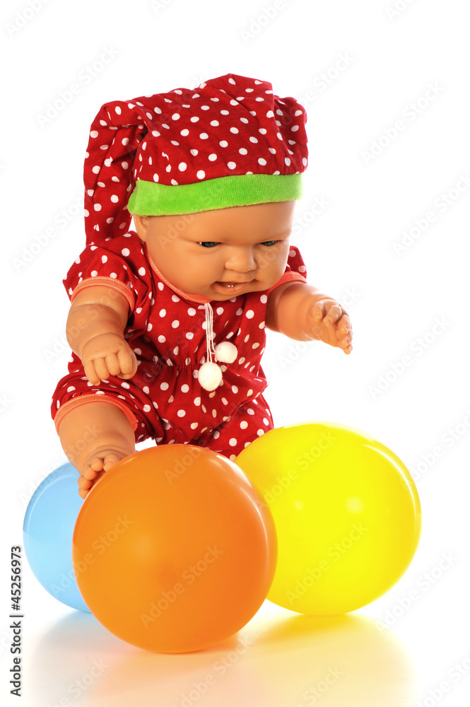Baby doll red dress and color ballons isolated white bacground Baby doll red dress and color ballons isolated white bacground