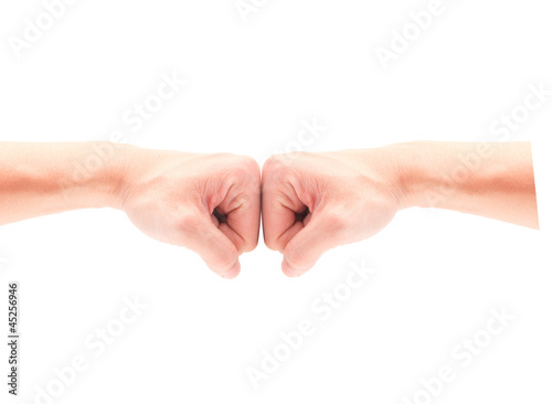 2 hand Punching together over white background
