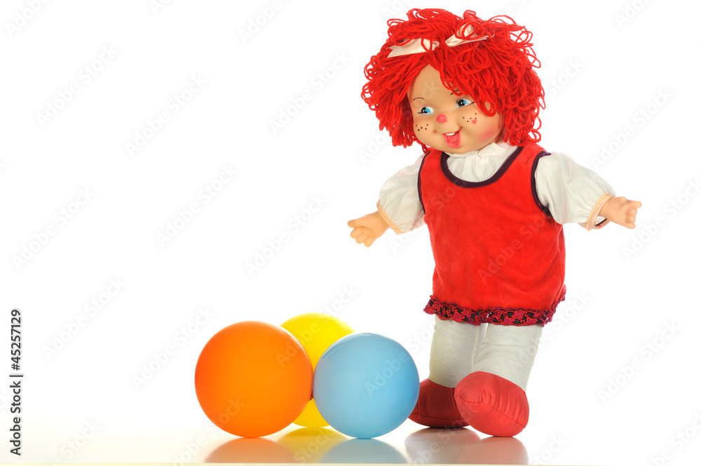 Baby doll red dress and color ballons isolated white bacground Baby doll red dress and color ballons isolated white bacground