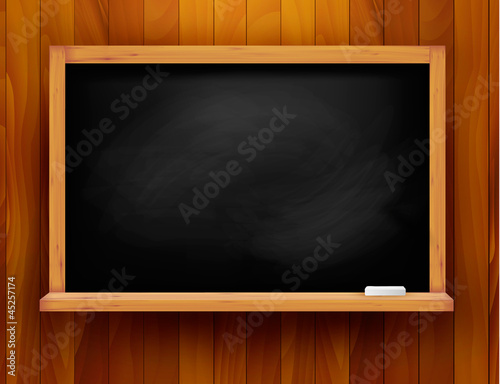 Blackboard on wooden background. Vector.