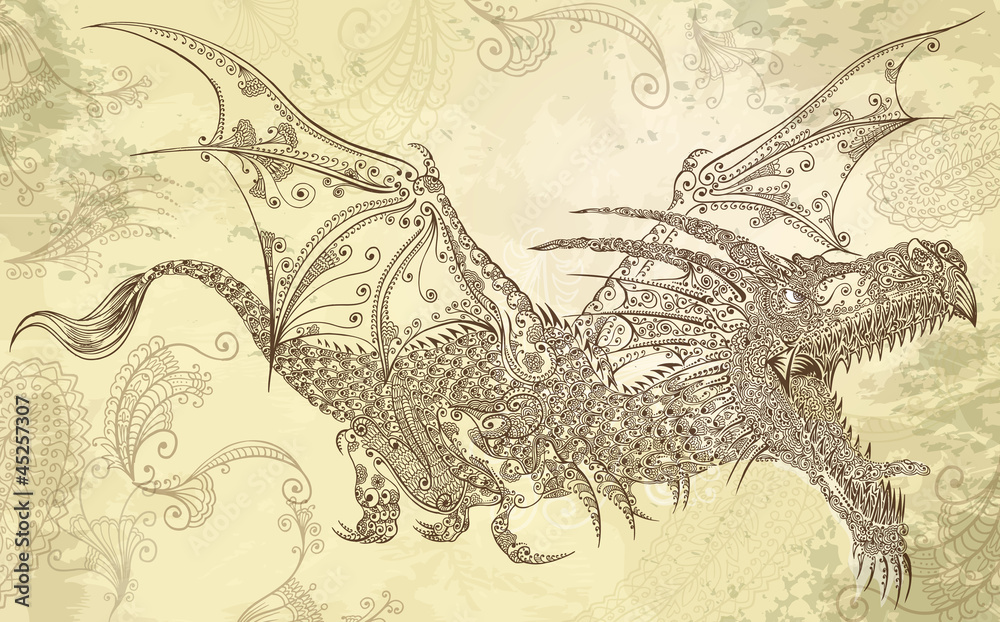 Obraz premium Henna Tattoo Dragon Doodle Sketch Tribal Vector