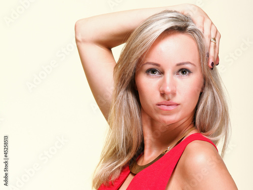 lady in red woman dress yellow background