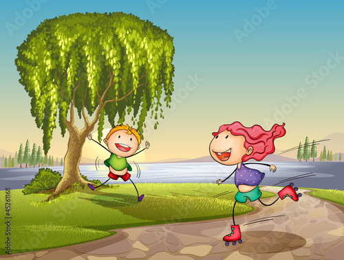 kids playing around tree