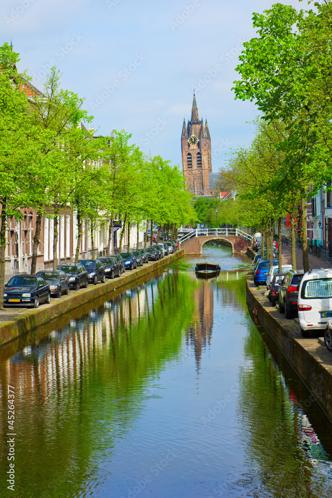 canals and old cathedral of Delft, Holland