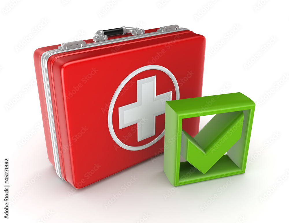 Red medical purse and green tick mark. Red medical purse and green tick mark.