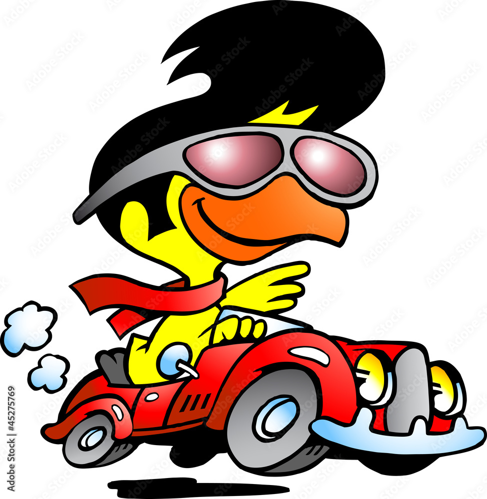 illustration of an smart chicken driving a sports car