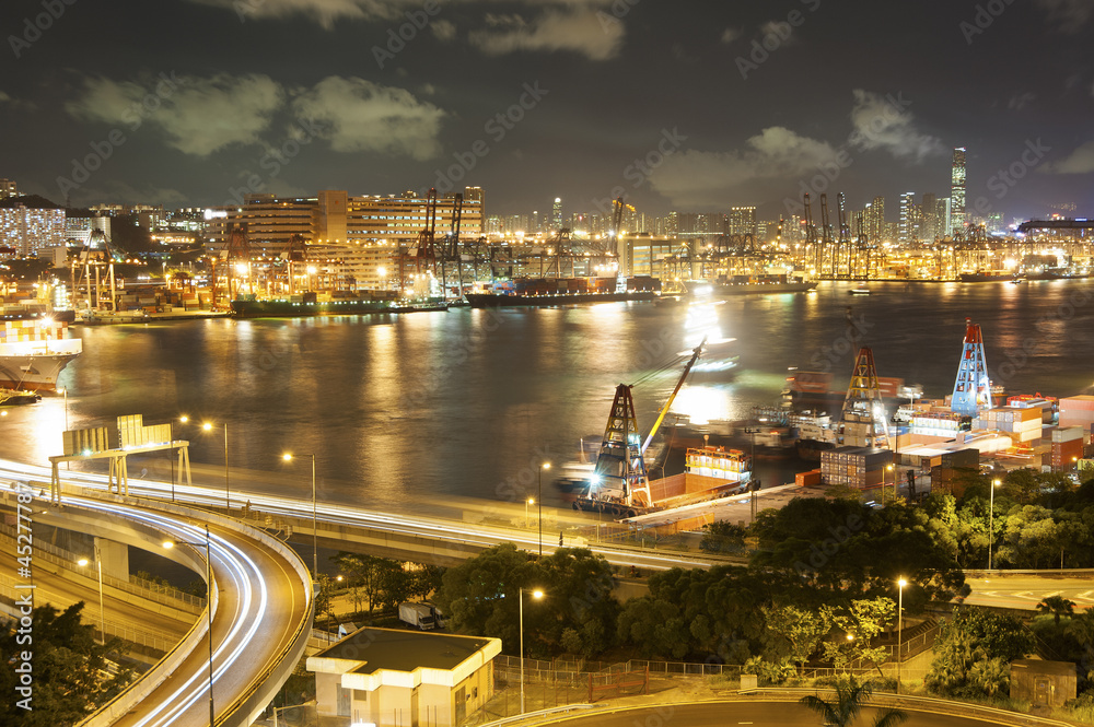 commercial container port and highway in Hong Kong