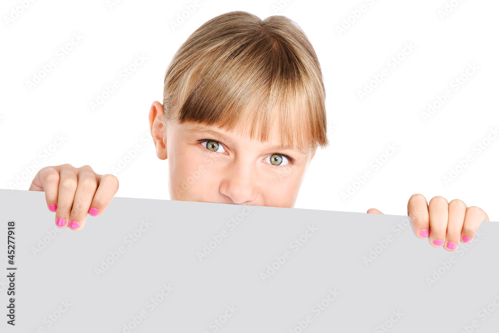 cute preteen girl holding a banner isolated over a white backgro cute preteen girl holding a banner isolated over a white backgro