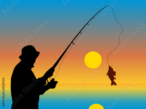 Lucky fisherman on sunset with a fish in vector