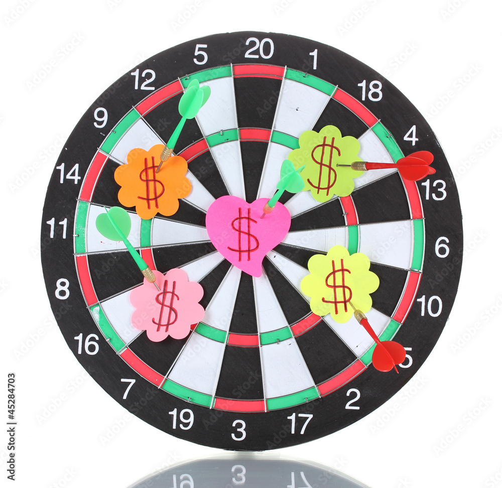 Darts with stickers depicting the life values isolated Darts with stickers depicting the life values isolated