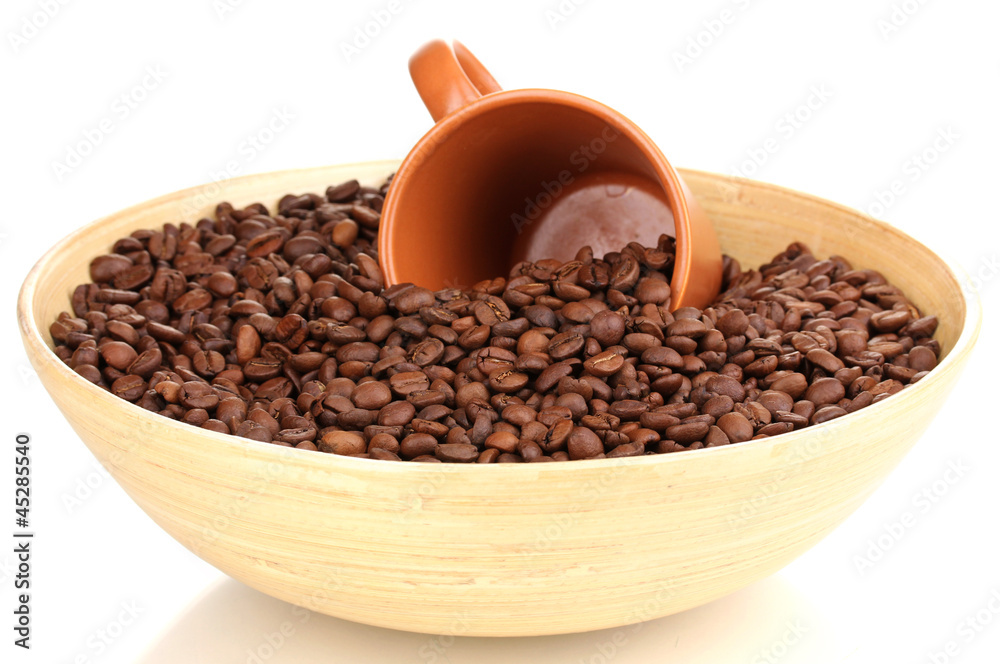 Fototapeta premium Coffee beans in bamboo bowl with cup isolated on white