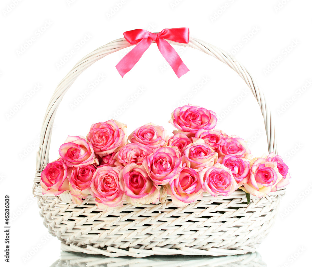 beautiful bouquet of pink roses in basket, isolated on white beautiful bouquet of pink roses in basket, isolated on white