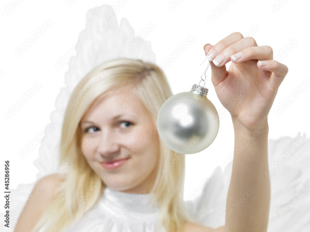 blonder Engel mit Christbaumkugel blonder Engel mit Christbaumkugel