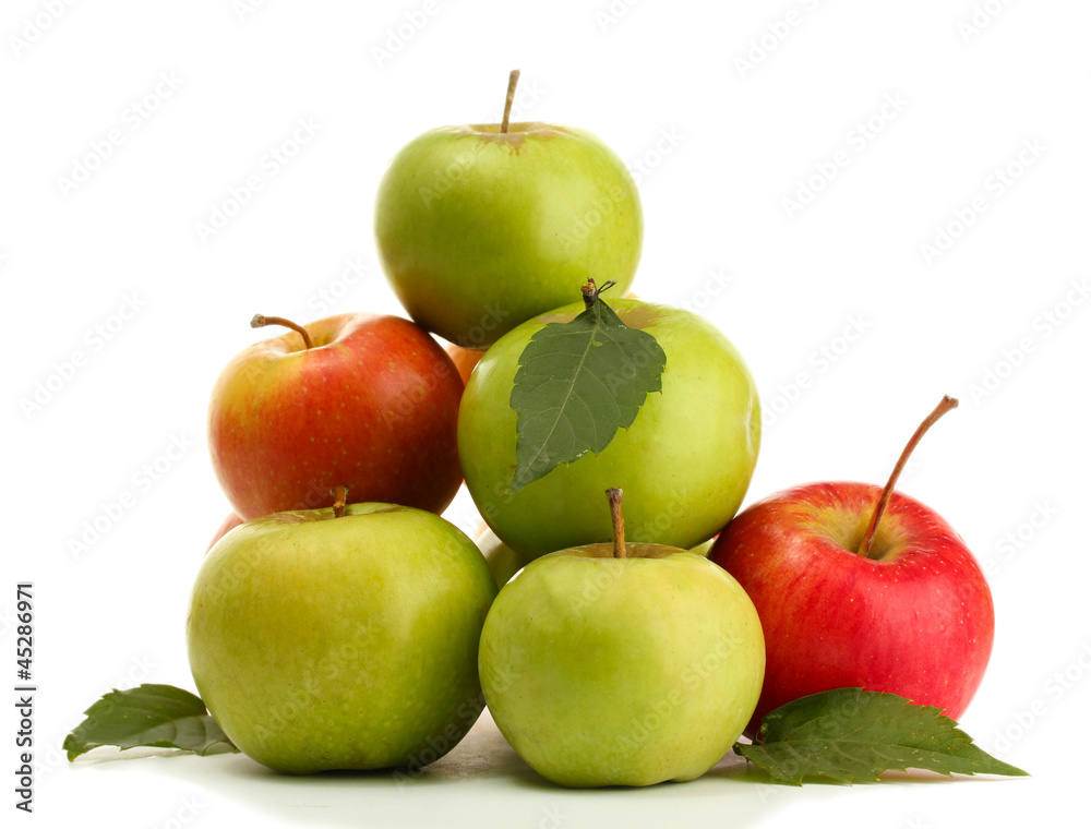 sweet apples with leaves, isolated on white sweet apples with leaves, isolated on white