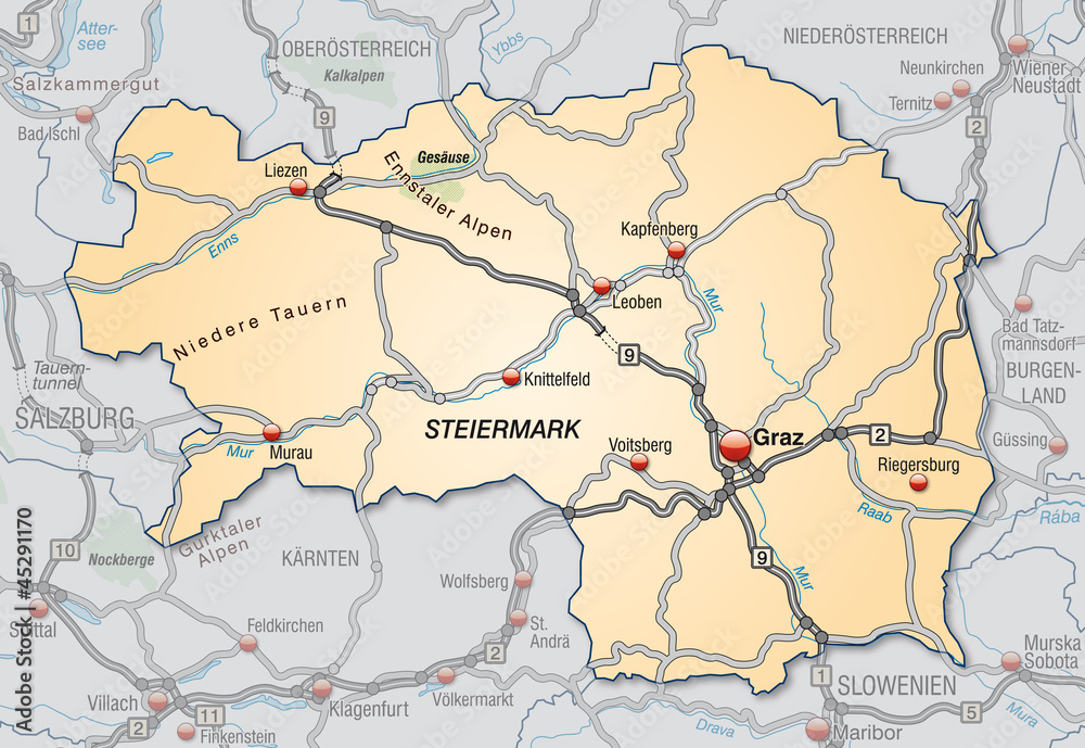 Straßenkarte der Steiermark mit Umgebung