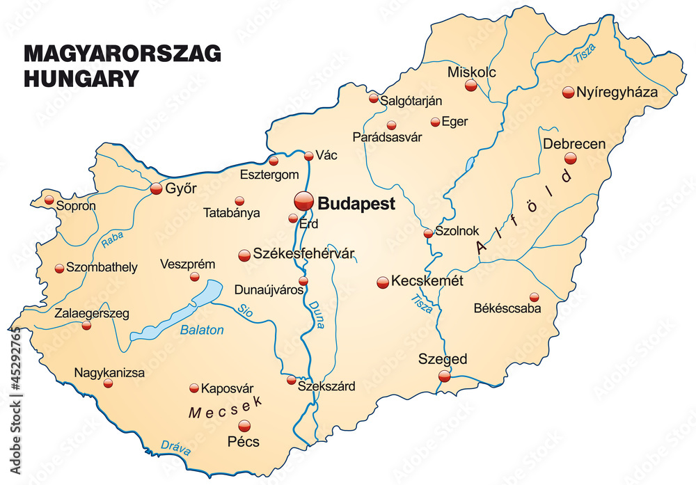 Übersichtskarte von Ungarn mit Hauptstädten
