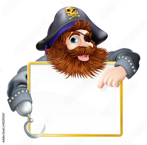 Happy pirate pointing at sign