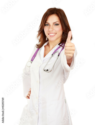 A female doctor shows a sign okay isolated on white background photo