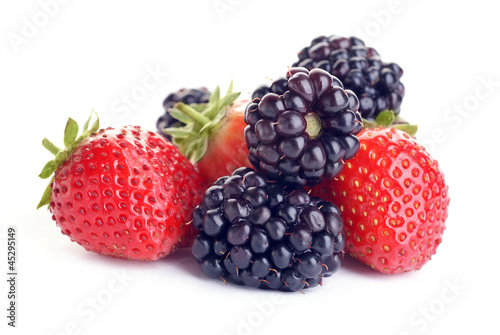 strawberry and blackberry on white background