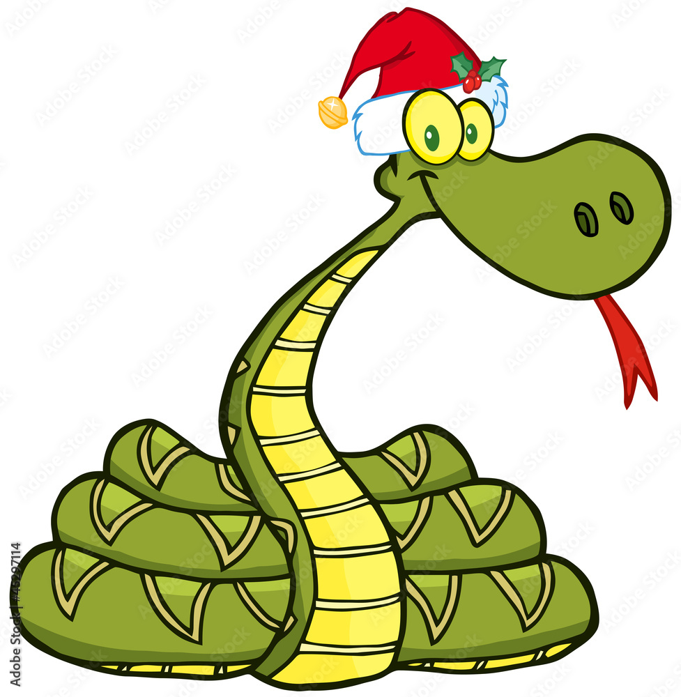 Fototapeta premium Snake Cartoon Character With Santa Hat