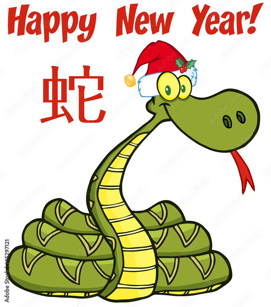 Obraz premium Santa Snake Cartoon Character With Text And Chinese Symbol