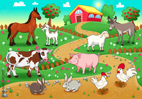 Farm animals with background. Vector illustration