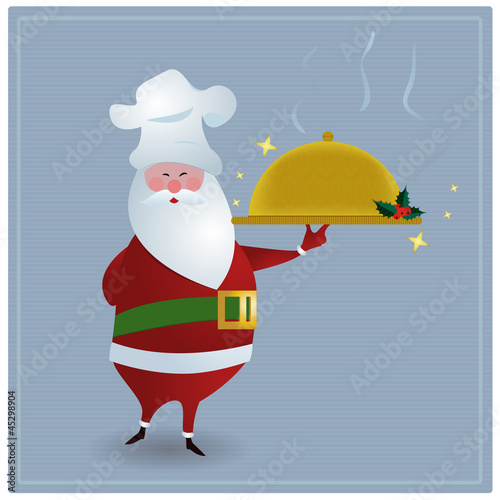 Santa with chefs hat, holding golden serving dish